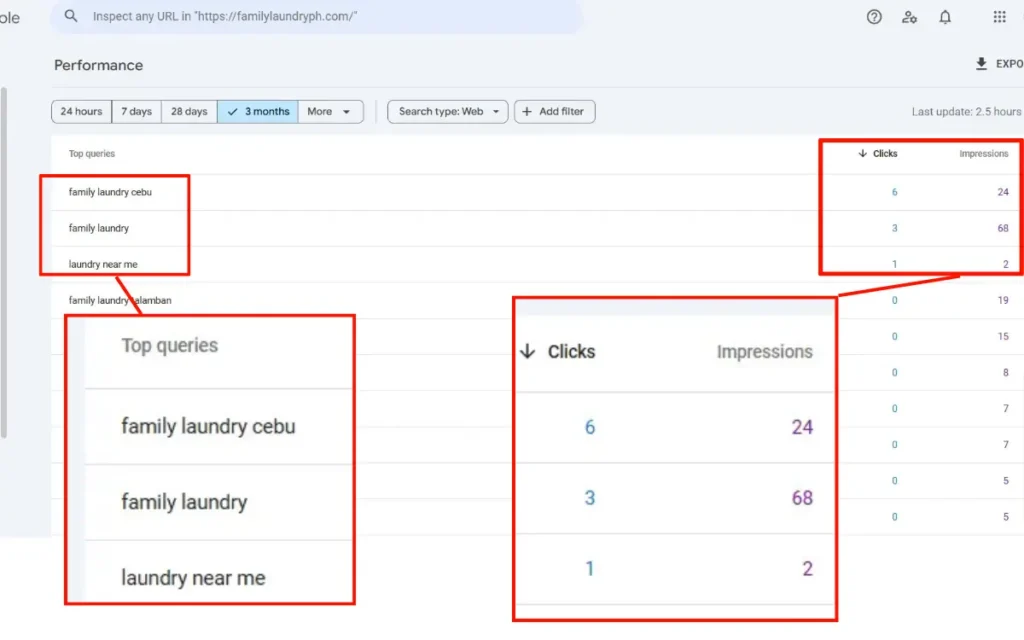 Google Search Console's Performance report for Family Laundry PH, showing top organic search queries with clicks and impressions.